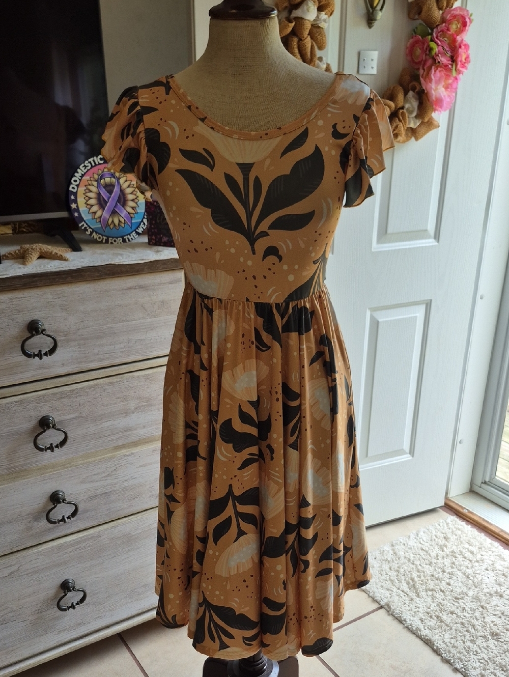Dot Dot Smile Orange and Black Floral Midi Dress with Puff Sleeves